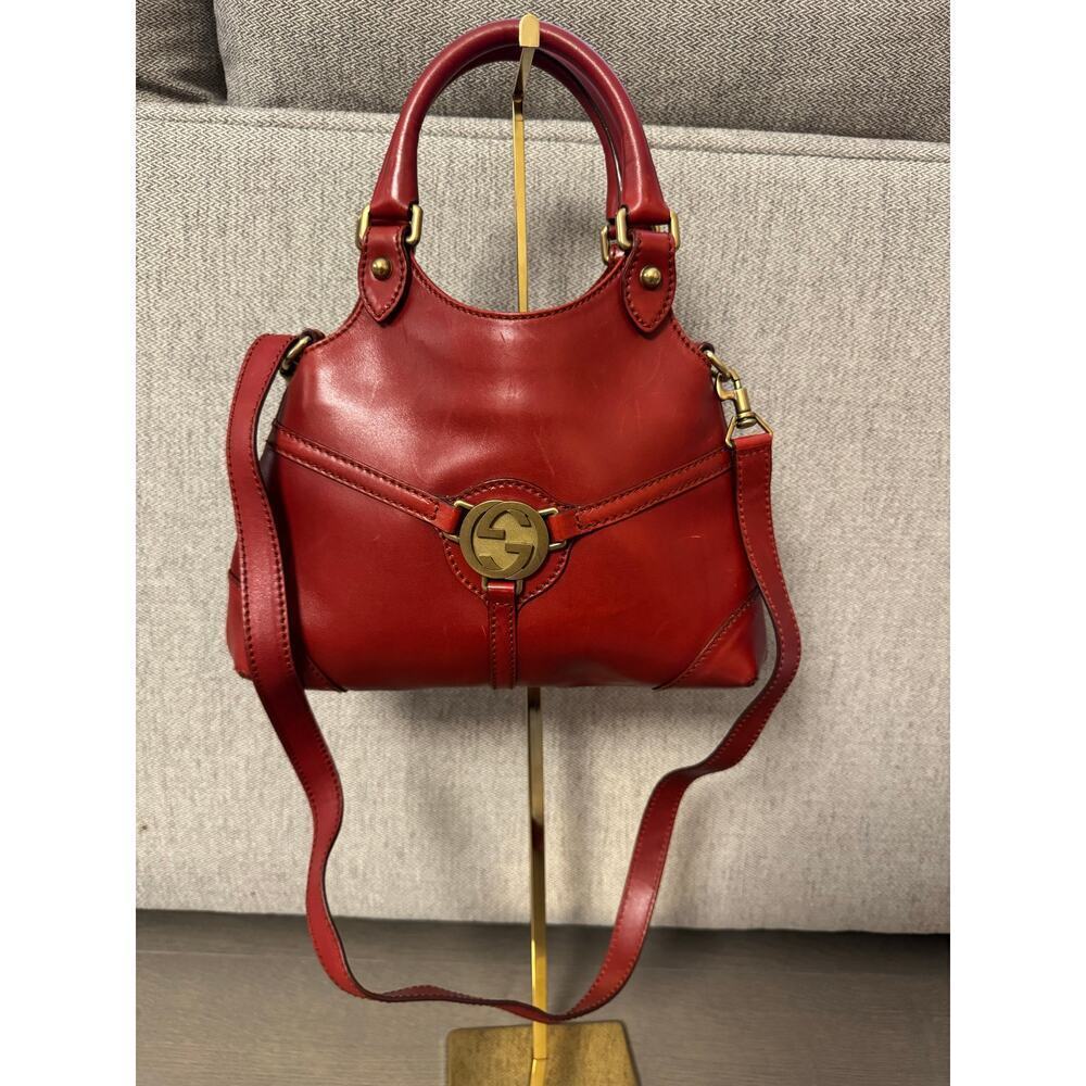 VTG Gucci Jackie Handbag Womens Red Calfskin Leather Top Handle Shoulder Strap